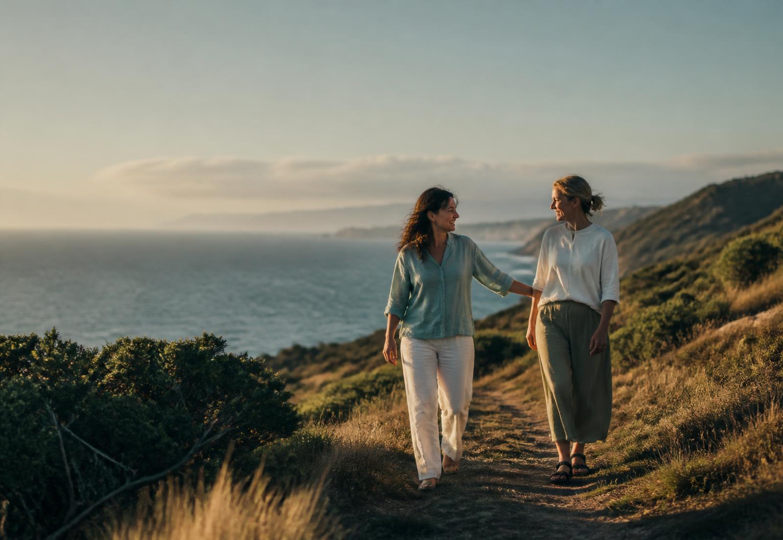 Two women sharing an easy, connected walk along a coastal path